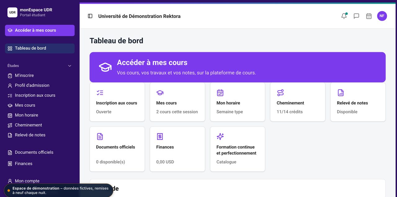 Le tableau de bord de l'espace étudiant Rektora : accès aux cours, inscription, horaire, cheminement, relevé de notes, documents officiels et finances, avec un bandeau indiquant qu'il s'agit d'un espace de démonstration à données fictives.