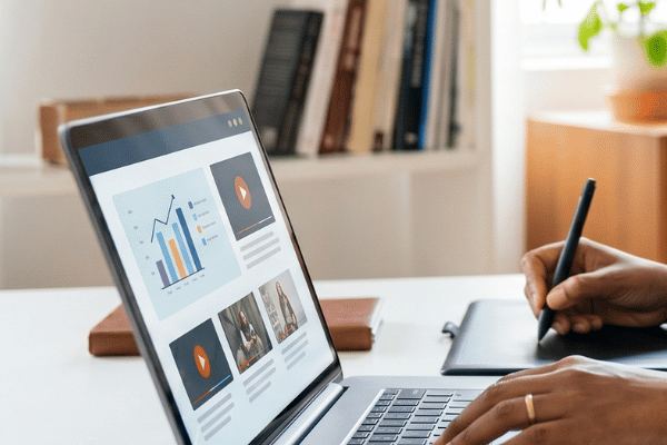 Un ordinateur portable affichant des graphiques et des ressources, sur un bureau clair devant une bibliothèque.