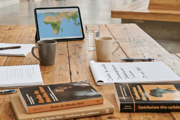Une grande table de bois dans le hall d'un campus, avec des carnets, des ouvrages et une tablette affichant une carte de l'Afrique.